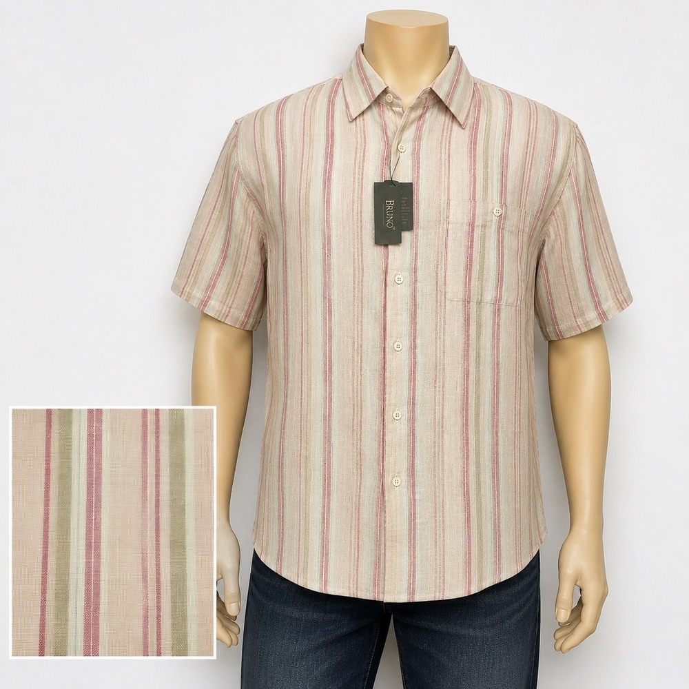 Bruno Button DShirt Mens M Pink Stripe 100% Washable Linen Short Sleeve